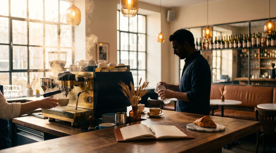 Frisch gezogener Espresso vor einer großen Siebträgermaschine in einem Cafe Extrablatt.